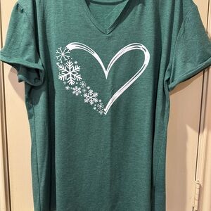 Green V-Neck T-Shirt with Heart and Snowflake Design